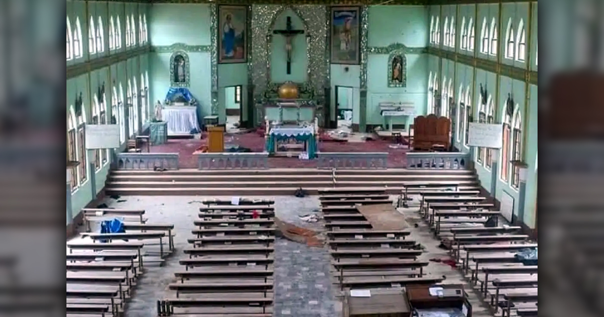 The interior of a partially damaged church.