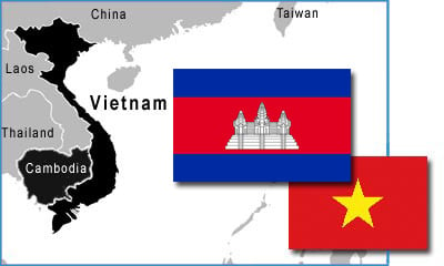 Vietnam and Cambodia map with the countries' flags