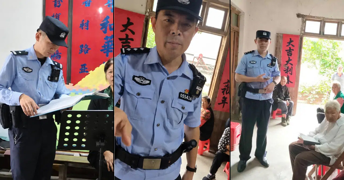 Photograph with three panels, showing uniformed officers during the church raid. Photograph with three panels, showing uniformed officers during the church raid.