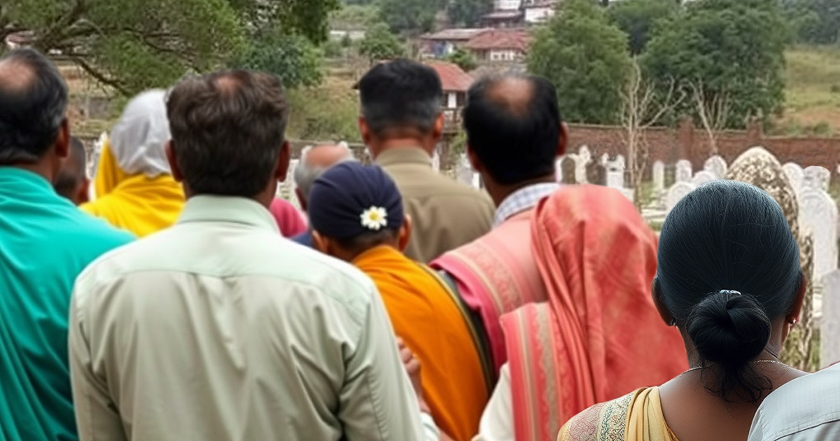 A group of people are standing in a cemetery.