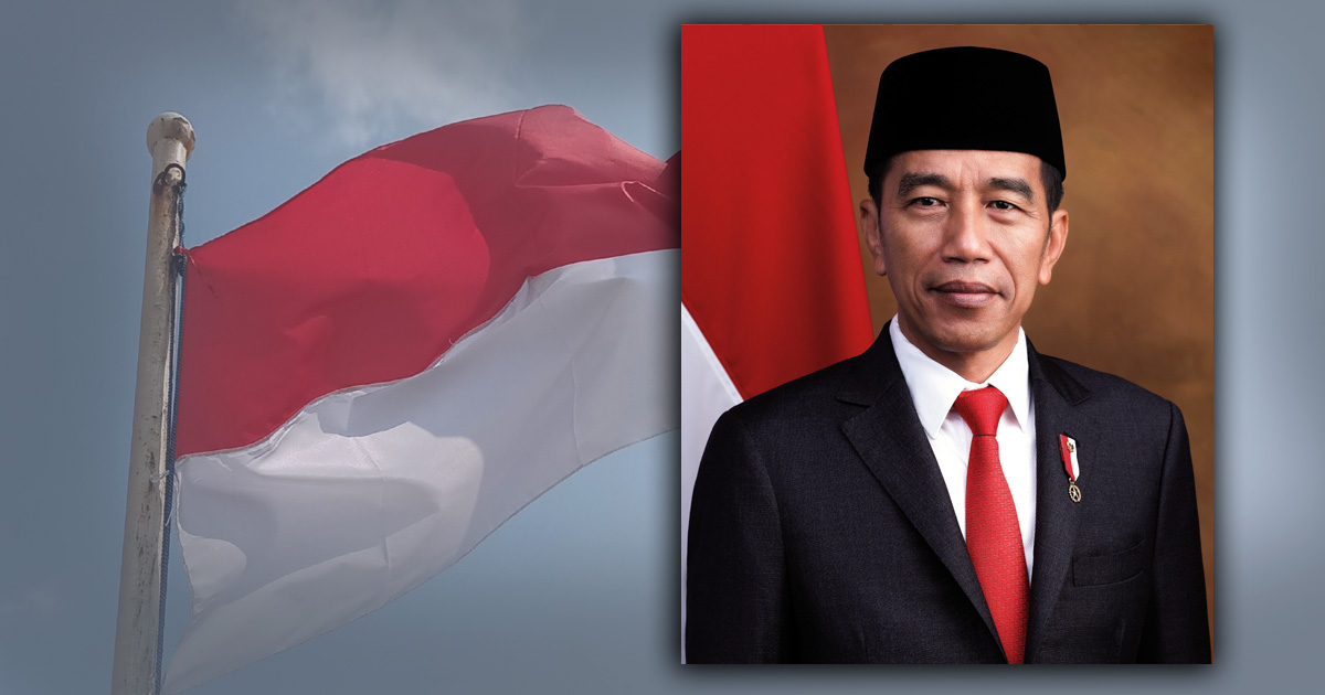 President Joko Widodo with the Indosia flag in the background.