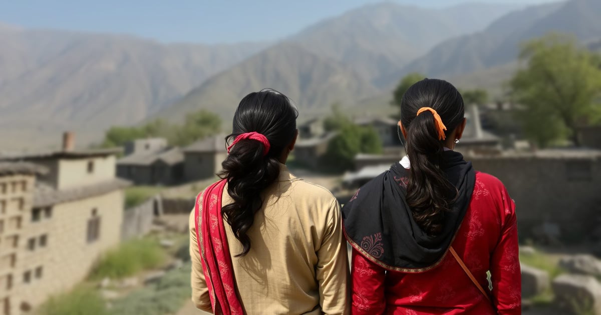 Two women are on a path in a village.