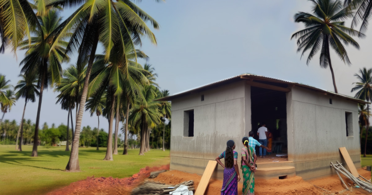 People are in and around a small building under construction.