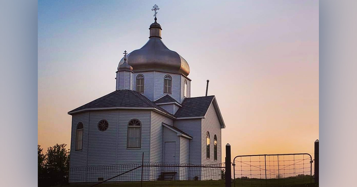 A church at sunset.