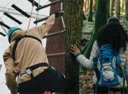 An image of a woman climbing a rope ladder beside another of a woman walking through the woods.