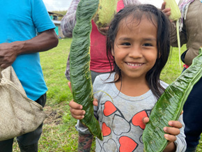 A little girl is smiling, holding leaves.