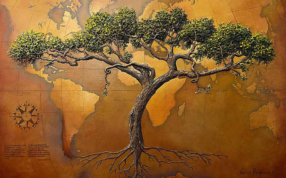A painting of an acacia tree with a global map in the background.