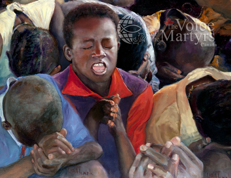 Oil on canvas painting of children praying