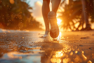 The sun is on the horizon, emphasizing a person's feet as they splashing through a puddle. 