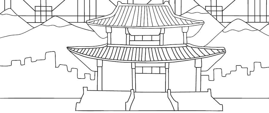 Colouring page preview; a house in North Korea with a city and mountains in the background.